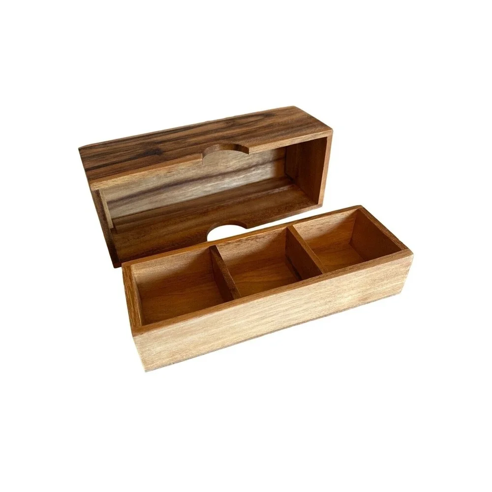 Wooden Storage Box Brown 3-Compartment Trinket Organizer MCM Style